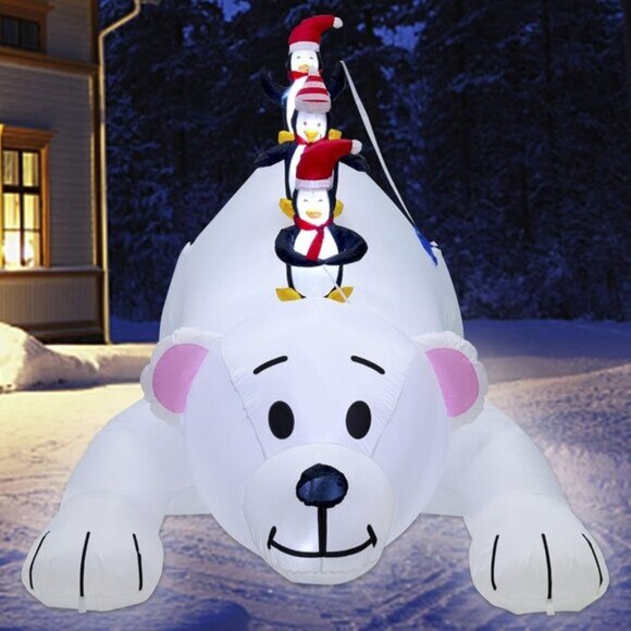 🆕7.7(L) x 6 FT(H) Inflatable Lighted Polar Bear with Three Penguin Decoration - Picture 1 of 11